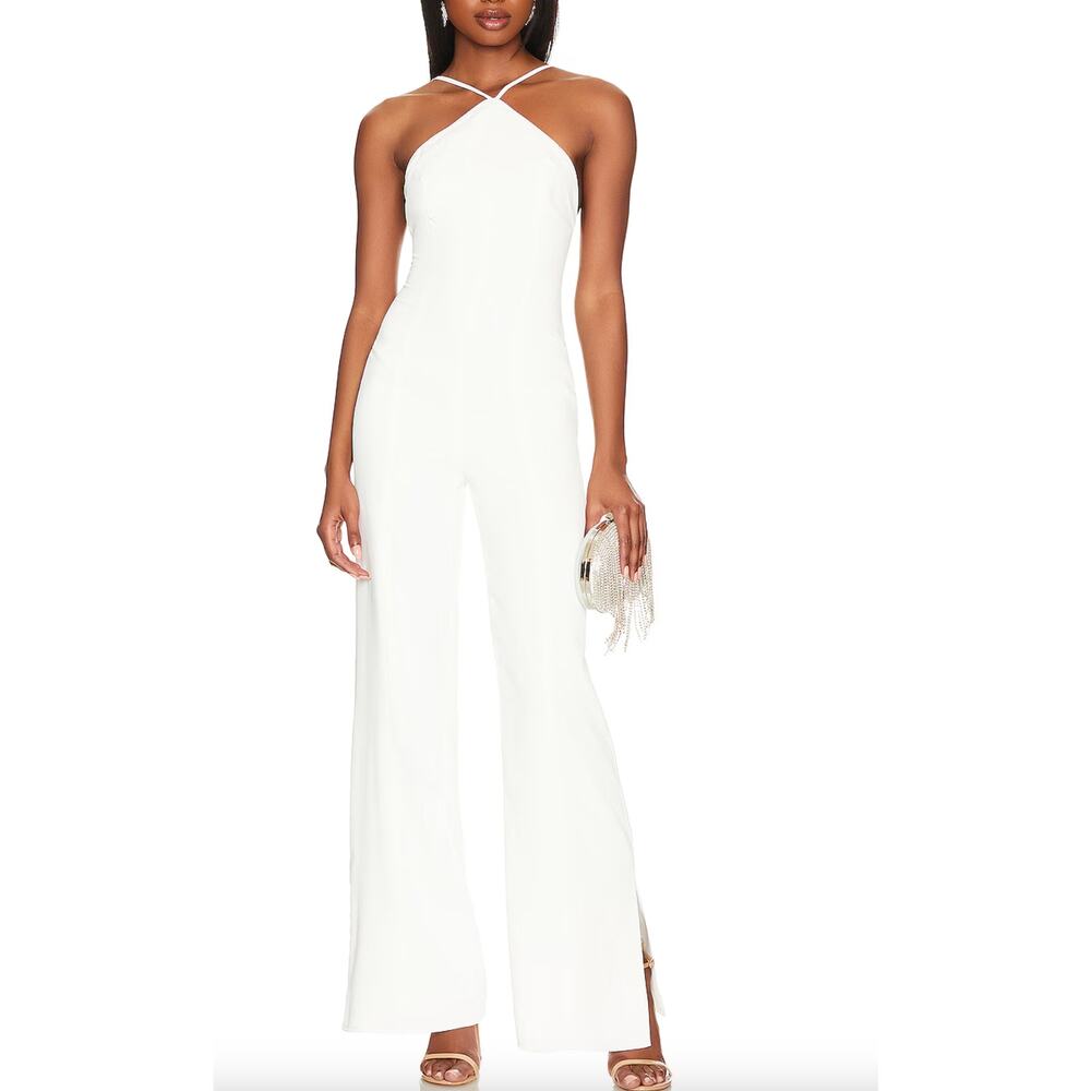 Lovers + Friends White Wide Leg Jumpsuit MEDIUM Halter Split Hem Revolve 258 NEW